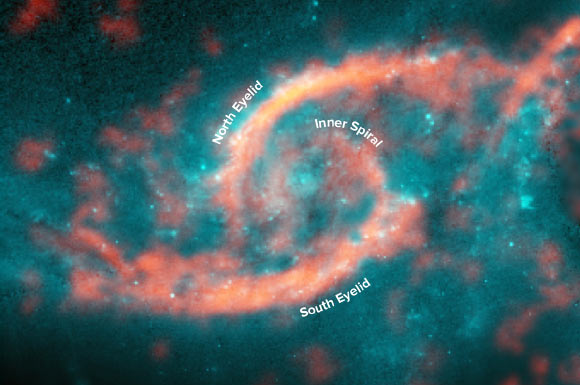 Dazzling eyelid-like features bursting with stars in the spiral galaxy IC 2163 formed from a tsunami of stars and gas triggered by a glancing collision with the spiral galaxy NGC 2207 (a portion of its spiral arm is shown on right side of image). ALMA image of carbon monoxide (orange), which revealed motion of the gas in these features, is shown on top of Hubble image (blue) of IC 2163. Image credit: M. Kaufman / B. Saxton / NRAO / AUI / NSF / ALMA / ESO / NAOJ / NASA / ESA / Hubble Team.