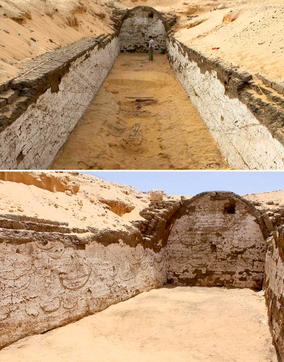 Top: interior of the boat building. Bottom: inner wall with preserved section of vault and remnants of the brick packing in situ on the exterior. Image credit: Josef Wegner.