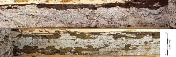 The watercraft tableau as preserved on the boat building’s north (above) and south (below) side walls. Image credit: Josef Wegner.
