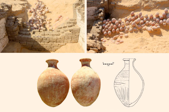 Top: brick blocking and central trench with pottery deposit extending up to the building’s entrance. Bottom: examples of Nile-silt storage jars from the boat building entrance deposit. Image credit: Josef Wegner.