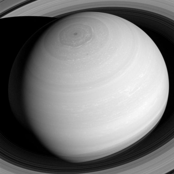 The north polar region of Saturn is pictured in great detail in this Cassini image obtained on July 16, 2016 from a range of one million miles (2 million km). The image was taken with Cassini’s wide-angle camera using a spectral filter which preferentially admits wavelengths of near-infrared light centered at 752 nm. The view looks toward the sunlit side of Saturn’s rings from about 41 degrees above the ring plane. Image credit: NASA / JPL-Caltech / Space Science Institute.