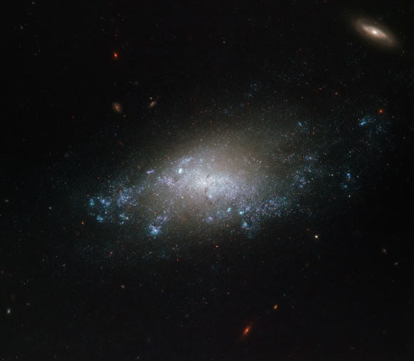This image, taken with the Wide Field Camera 3 on board the NASA/ESA Hubble Space Telescope, shows NGC 3274, a barred spiral galaxy about 21 million light-years from Earth. The galaxy PGC 213714 is also visible on the upper right of the frame, located much further away from us. Image credit: NASA / ESA / Hubble / D. Calzetti.