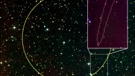 The location of the FRB 150807. The yellow circle shows the typical location of an FRB. There are thousands of stars and galaxies in this direction. Because FRB 150807 was very bright the astronomers were able to locate it to a small region near the edge of that circle, shown as the pink banana-shaped region in the inset. In this region there are only six detected galaxies. The position of the most likely host galaxy, VHS7, is highlighted on the plot. Image credit: Vikram Ravi, California Institute of Technology / Ryan Shannon, ICRAR-Curtin & CSIRO.