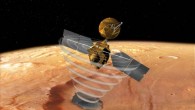 This image is an artist’s concept of a view looking down on NASA’s Mars Reconnaissance Orbiter. The spacecraft is pictured using its SHARAD instrument to ‘look’ under the surface of Mars. Image credit: NASA.