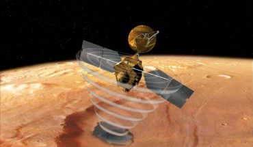 This image is an artist’s concept of a view looking down on NASA’s Mars Reconnaissance Orbiter. The spacecraft is pictured using its SHARAD instrument to ‘look’ under the surface of Mars. Image credit: NASA.