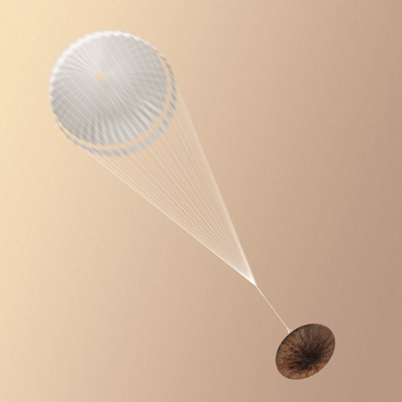 Artist's impression of the Schiaparelli lander after the parachute has been deployed. Image credit: ESA / ATG Medialab.
