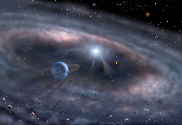 Planets form around a young star in this artist’s concept. Image credit: David A. Hardy, www.astroart.org / NASA.