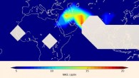 Distribution of the atmospheric ammonia concentration in June, July, and August 2008 at 9.3 mile (15 km) height as observed by MIPAS. Bright areas are measurement gaps due to high cloud cover. Image credit: Michael Höpfner / Karlsruhe Institute of Technology.
