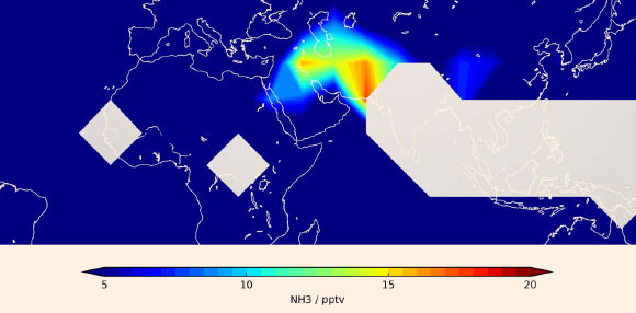 Distribution of the atmospheric ammonia concentration in June, July, and August 2008 at 9.3 mile (15 km) height as observed by MIPAS. Bright areas are measurement gaps due to high cloud cover. Image credit: Michael Höpfner / Karlsruhe Institute of Technology.