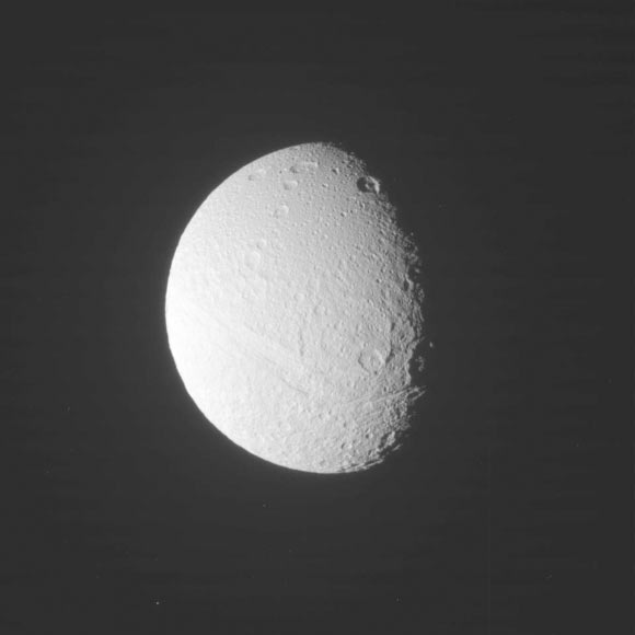 This image of Saturn’s moon Tethys was taken with Cassini’s narrow angle camera on Dec. 4, 2016, and received on Earth on Dec. 6. The camera was pointing toward Tethys, and the image was taken using two filters. Image credit: NASA / JPL-Caltech / Space Science Institute.