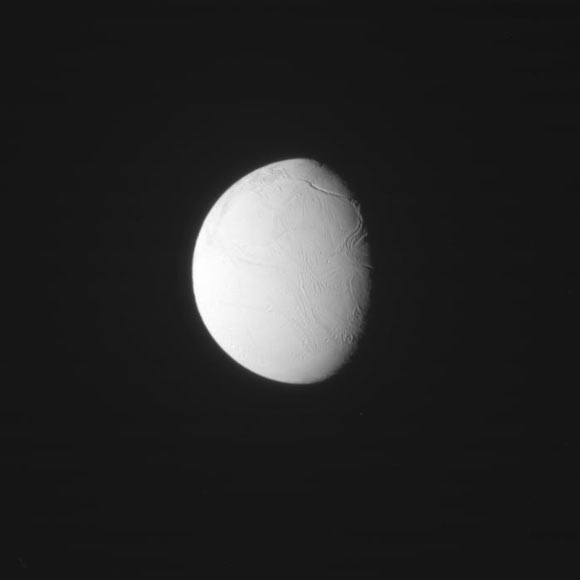 This image of Saturn’s moon Enceladus was taken with Cassini’s narrow angle camera on Dec. 4, 2016, and received on Earth on Dec. 6. The camera was pointing toward Enceladus, and the image was taken using two filters. Image credit: NASA / JPL-Caltech / Space Science Institute.