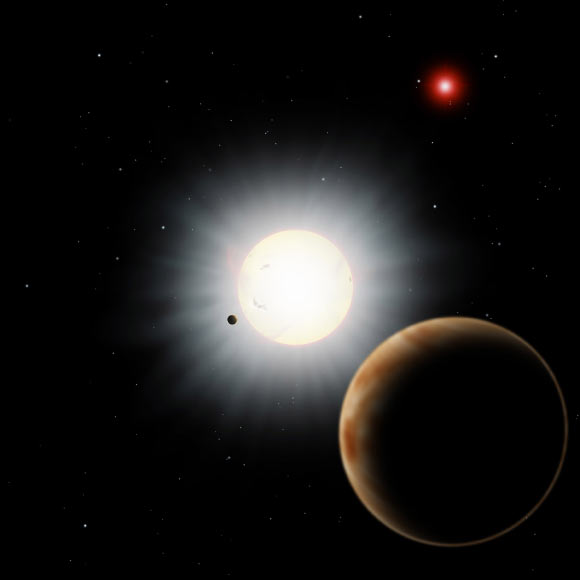 In this artist’s illustration, HAT-P-7b closely orbits a star that’s 1,044 light-years from Earth. A companion star (top right) and a candidate planet (foreground) lie in the distance. Image credit: NAOJ.