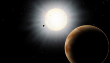 In this artist’s illustration, HAT-P-7b closely orbits a star that’s 1,044 light-years from Earth. A companion star (top right) and a candidate planet (foreground) lie in the distance. Image credit: NAOJ.