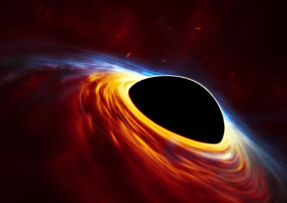 This artist’s impression depicts a Kerr (rapidly spinning) black hole, surrounded by an accretion disc: this thin disc of rotating material consists of the leftovers of a Sun-like star which was ripped apart by the tidal forces of the black hole; shocks in the colliding debris as well as heat generated in accretion led to a burst of light, resembling a supernova explosion. Image credit: ESO / ESA / Hubble / M. Kornmesser.