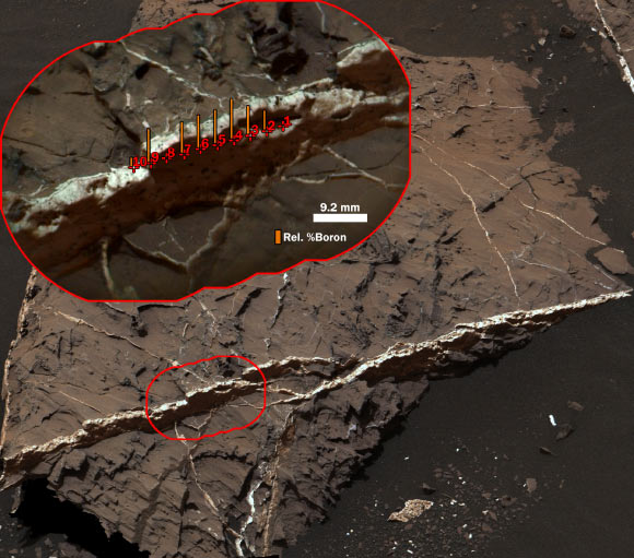 The highest concentration of boron measured on Mars is in this mineral vein, called ‘Catabola,’ examined with the ChemCam instrument on NASA’s Curiosity rover on Aug, 25, 2016, during Sol 1441 of the mission. This two-part illustration shows the context of the erosion-resistant, raised vein, in an image from Curiosity’s Mast Camera (Mastcam), and a detailed inset image from ChemCam’s remote micro-imager. The inset includes indicators of the boron content measured at 10 points along the vein that were analyzed with ChemCam’s laser-firing spectrometer. The vein’s main component is calcium sulfate. The highest boron content identified is less than one-tenth of one percent. The heights of the orange bars at each point indicate relative abundance of boron, compared with boron content at other points. Scale bar - 0.36 inches (9.2 mm). Image credit: NASA/ JPL-Caltech / MSSS / LANL / CNES-IRAP / William Rapin.