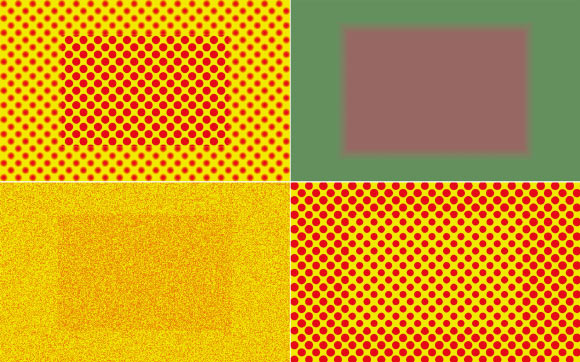 Four examples of the uniformity illusion with -- clockwise from top left -- blurriness, color, density, and size. In these examples, the periphery is, respectively, blurrier, greener, less dense, or contains larger circles than the center. However, if you fixate the center of the image for a prolonged period of time, the peripheral stimuli seem to take on the properties of the central stimuli. Image credit: Marte Otten et al, doi: 10.1177/0956797616672270.