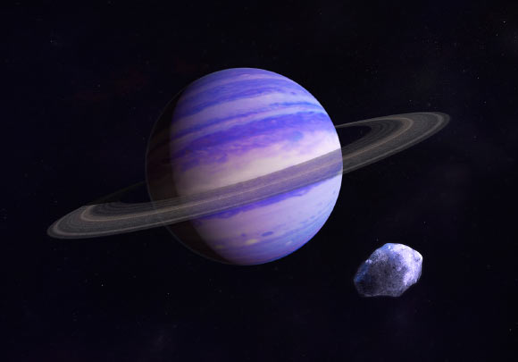 Neptune-mass planets like the one shown in this artist’s rendering may be the most common in the icy regions of planetary systems; beyond a certain distance from a young star, water and other substances remain frozen, leading to an abundant population of icy objects that can collide and form the cores of new planets; in the foreground, an icy body left over from this period drifts past the planet. Image credit: NASA’s Goddard Space Flight Center / Francis Reddy.