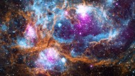 This composite image of NGC 6357 contains X-ray data from NASA’s Chandra X-ray Observatory and the ROSAT telescope (purple), infrared data from NASA’s Spitzer Space Telescope (orange), and optical data from the SuperCosmos Sky Survey (blue) made by the United Kingdom Infrared Telescope. Image credit: X-ray – NASA / CXC / PSU / L.Townsley et al; optical - UKIRT; infrared – NASA / JPL-Caltech.