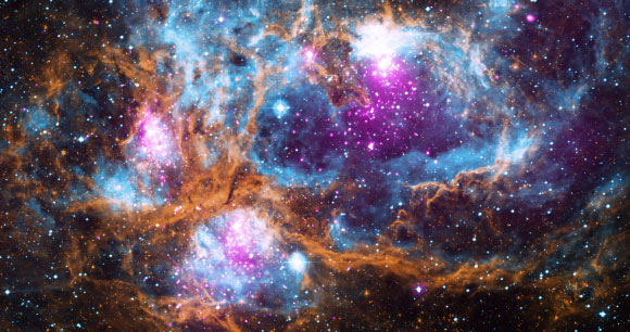 This composite image of NGC 6357 contains X-ray data from NASA’s Chandra X-ray Observatory and the ROSAT telescope (purple), infrared data from NASA’s Spitzer Space Telescope (orange), and optical data from the SuperCosmos Sky Survey (blue) made by the United Kingdom Infrared Telescope. Image credit: X-ray – NASA / CXC / PSU / L.Townsley et al; optical - UKIRT; infrared – NASA / JPL-Caltech.