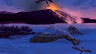 An artist’s conception of Tingmiatornis arctica’s possible environment 90 million years ago, characterized by volcanic activity, a freshwater bay, turtles, fish, and champsosaurs. Image credit: Michael Osadciw, University of Rochester.