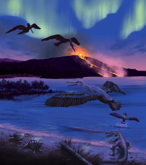 An artist’s conception of Tingmiatornis arctica’s possible environment 90 million years ago, characterized by volcanic activity, a freshwater bay, turtles, fish, and champsosaurs. Image credit: Michael Osadciw, University of Rochester.