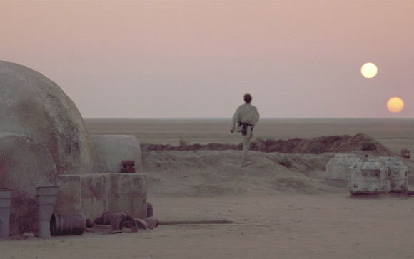 Astronomers have found planets with double sunsets like Tatooine in our Galaxy. Image credit: Lucasfilm Ltd. & TM.