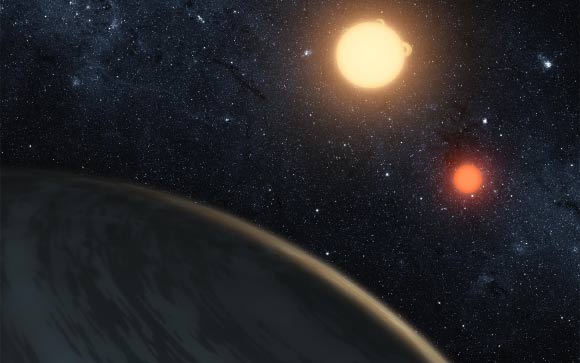 The gas giant Kepler-16b, nicknamed ‘Tatooine,’ orbits a pair of stars. One star is a small red dwarf star, the other is a larger K dwarf. Image credit: NASA / JPL-Caltech.