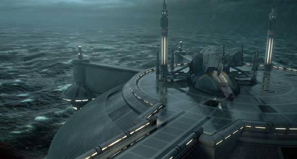 Obi-Wan Kenobi’s ship lands on the ocean world of Kamino in ‘Star Wars: Attack of the Clones.’ In our Galaxy, Kepler-22b could be a super-Earth with a super ocean. Image credit: Disney / Lucasfilm Ltd. & TM.