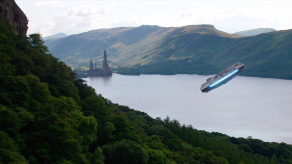The Millennium Falcon cruises over the lush forest planet Takodana in ‘The Force Awakens.’ Unlike the green worlds of ‘Star Wars,’ scientists believe that plant life in our Galaxy could come in many colors. Image credit: Disney / Lucasfilm Ltd. & TM.