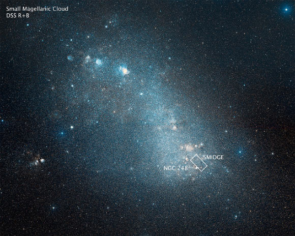 This ground-based image shows the Small Magellanic Cloud. The area of the SMIDGE survey is highlighted, as well as the position of NGC 248. Image credit: NASA / ESA / Hubble / Digitized Sky Survey 2.