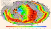 Global map of seismic data and ages of ocean crust: the location of seismic refraction data (circles) and mantle hotspots (white stars) were used to examine whether mid-plate volcanism substantially influenced the thickness of aged ocean crust; the modern mid-ocean ridge system is marked by a yellow line; areas in violet outline large igneous provinces. Image credit: Harm J. A. Van Avendonk et al, doi: 10.1038/ngeo2849.
