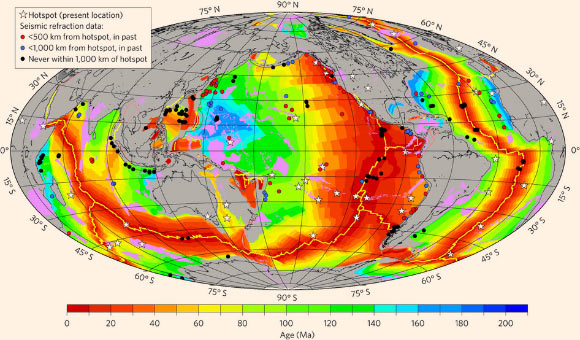 Global map of seismic data and ages of ocean crust: the location of seismic refraction data (circles) and mantle hotspots (white stars) were used to examine whether mid-plate volcanism substantially influenced the thickness of aged ocean crust; the modern mid-ocean ridge system is marked by a yellow line; areas in violet outline large igneous provinces. Image credit: Harm J. A. Van Avendonk et al, doi: 10.1038/ngeo2849.