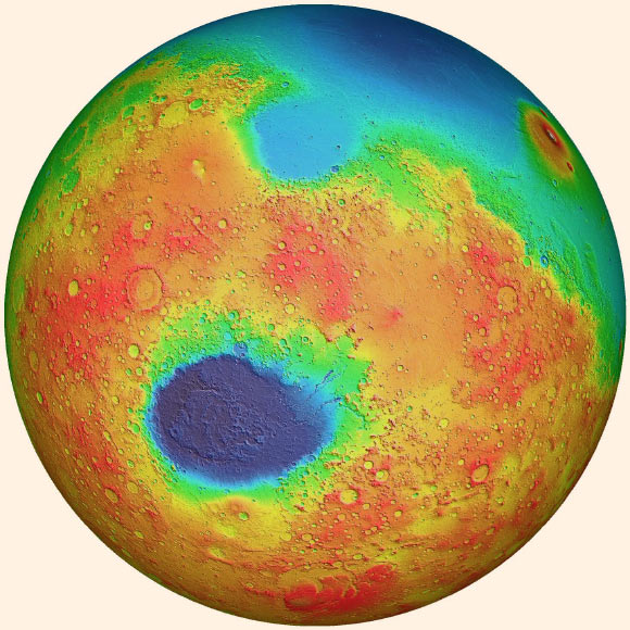This false-color map, produced by the Mars Orbiter Laser Altimeter (MOLA), depicts the topography of the Martian surface. Hellas basin, the large, dark blue region below the center, has a diameter of 1,430 miles (2,300 km), and is one of the largest identified impact craters both on Mars and within the Solar System. It is thought to have formed some 4 billion years ago. Image credit: MOLA Science Team.
