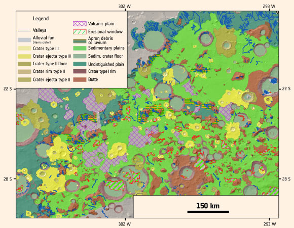 This detailed geological map of the intercrater plains north of the Hellas basin was produced by Salese et al using images from the Mars Express High-Resolution Stereo Camera (HRSC), the Mars Reconnaissance Orbiter (MRO) High Resolution Imaging Science Experiment (HiRISE), and Context (CTX) camera. The data from Mars Express and MRO allowed the scientists to explore the region’s appearance, topography, morphology, mineralogy, and age. More specifically, Mars Express imaging data allowed them to study the plains’ geology on a regional scale, providing context for the local-scale observations from MRO. Analysis of the map provides new evidence for a warm young Mars that hosted water across a geologically long timescale. Image credit: Salese et al, doi: 10.1002/2016JE005039.