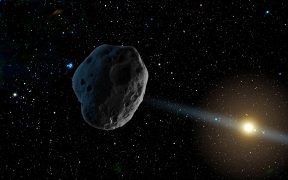 An artist’s rendition of 2016 WF9 as it passes Jupiter’s orbit inbound toward the Sun. Image credit: NASA / JPL-Caltech.