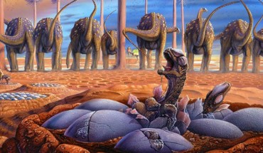 Herds of female titanosaurs gathered at traditional nesting grounds 80 million years ago in what is now Patagonia, Argentina. Image credit: Luis Rey / Yale University.