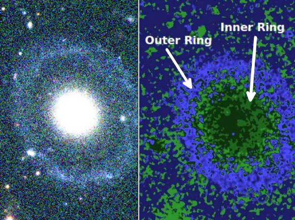 The left panel shows a false-color image of PGC 1000714. The right panel shows a B-I color index map that reveals both the outer ring (blue) and diffuse inner ring (light green). Image credit: Ryan Beauchemin.