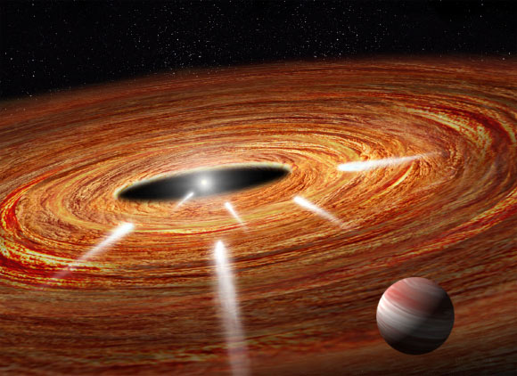 This illustration shows several comets speeding across a vast protoplanetary disk of gas and dust and heading straight for the youthful, central star HD 172555. These exocomets will eventually plunge into the star and vaporize. HD 172555 represents the third extrasolar system where astronomers have detected doomed, wayward comets. All of the systems are young, under 40 million years old. Image credit: NASA / ESA / A. Feild & G. Bacon, STScI.