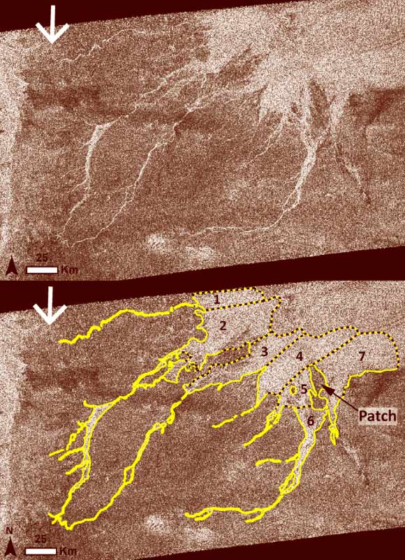 Possible fans on Titan. Image credit: R.J. Cartwright & D.M. Burr, doi: 10.1016/j.icarus.2016.11.013.