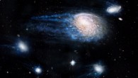An artist’s impression showing the increasing effect of ram-pressure stripping in removing gas from the spiral galaxy NGC 4921 and its satellite galaxies. Image credit: ICRAR / NASA / ESA / Hubble Heritage Team / STScI / AURA.