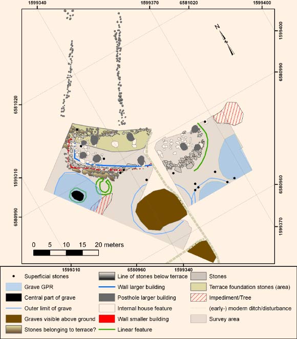 Interpretation of the GPR results from the site: the smaller building (red) refers to the older house and the larger building (dark blue) refers to the younger house. Image credit: Sven Kalmring et al.
