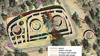 Some apparent geometrical constructs evident in the layout of the Sun Temple site, including squares, 45-degree right triangles, a 60:30:90-degree right triangle (or an equilateral triangle), a Golden rectangle, and Pythagorean 3:4:5 triangles. Image credit: Sherry Towers.
