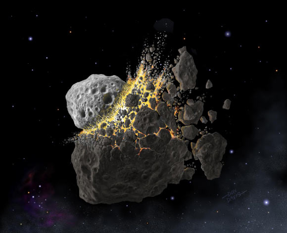 This is an artist’s rendering of the space collision 466 million years ago that gave rise to many of the meteorites falling today. Image credit: Don Davis, Southwest Research Institute.
