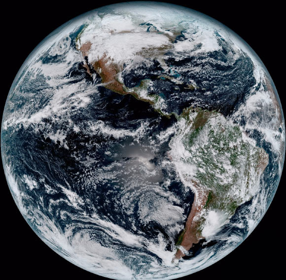 This composite color full-disk visible image of the Western Hemisphere was captured from NOAA’s GOES-16 satellite on Jan. 15, 2017. Image credit: NOAA / NASA.