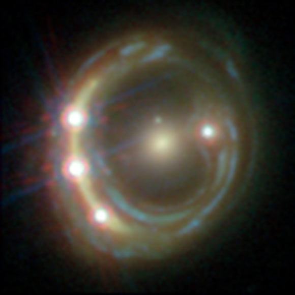 RXJ1131-1231 is among the five best lensed quasars discovered to date. The foreground galaxy smears the image of the background quasar into a bright arc (left) and creates a total of four images -- three of which can be seen within the arc. Image credit: NASA / ESA / Hubble / S.H. Suyu et al.