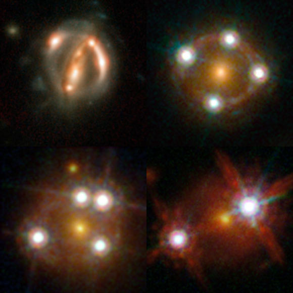 This montage shows four lensed quasars and the foreground galaxies studied by the H0LICOW collaboration (from top left, clockwise): B1608+656 (two foreground galaxies smeared the light of the more distant quasar’s host galaxy into bright arcs); HE0435-1223 (foreground galaxy creates four almost evenly distributed images of the distant quasar around it); WFI2033-4723 (foreground galaxy creates four distinct images of the distant quasar around it); HE1104-1805 (foreground galaxy creates two distinct images of the distant quasar to both sides of it). Image credit: NASA / ESA / Hubble / S.H. Suyu et al.