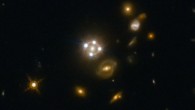 HE0435-1223, located in the centre of this wide-field image, is among the five best lensed quasars discovered to date. The foreground galaxy creates four almost evenly distributed images of the distant quasar around it. Image credit: NASA / ESA / Hubble / S.H. Suyu et al.