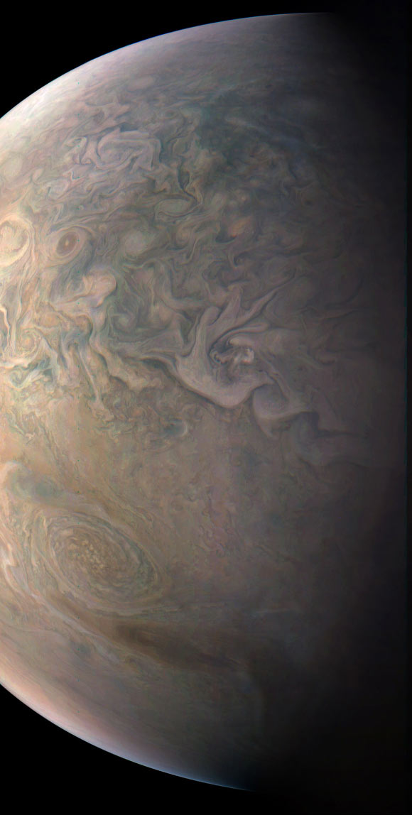 Juno snapped this shot of Jupiter’s northern latitudes on Dec. 11, 2016, as the orbiter performed a close flyby of the gas giant. The spacecraft was at an altitude of 10,300 miles (16,600 km) above Jupiter’s cloud tops. The image was processed by citizen astronomers Gerald Eichstaedt and John Rogers. Image credit: NASA / JPL-Caltech / SwRI / MSSS / Gerald Eichstaedt / John Rogers.