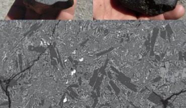 Hand sample images of the cut NWA 7635 stone and a representative backscattered electron image of the igneous texture of the stone. Image credit: Thomas J. Lapen et al, doi: 10.1126/sciadv.1600922.