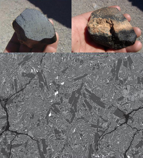 Hand sample images of the cut NWA 7635 stone and a representative backscattered electron image of the igneous texture of the stone. Image credit: Thomas J. Lapen et al, doi: 10.1126/sciadv.1600922.